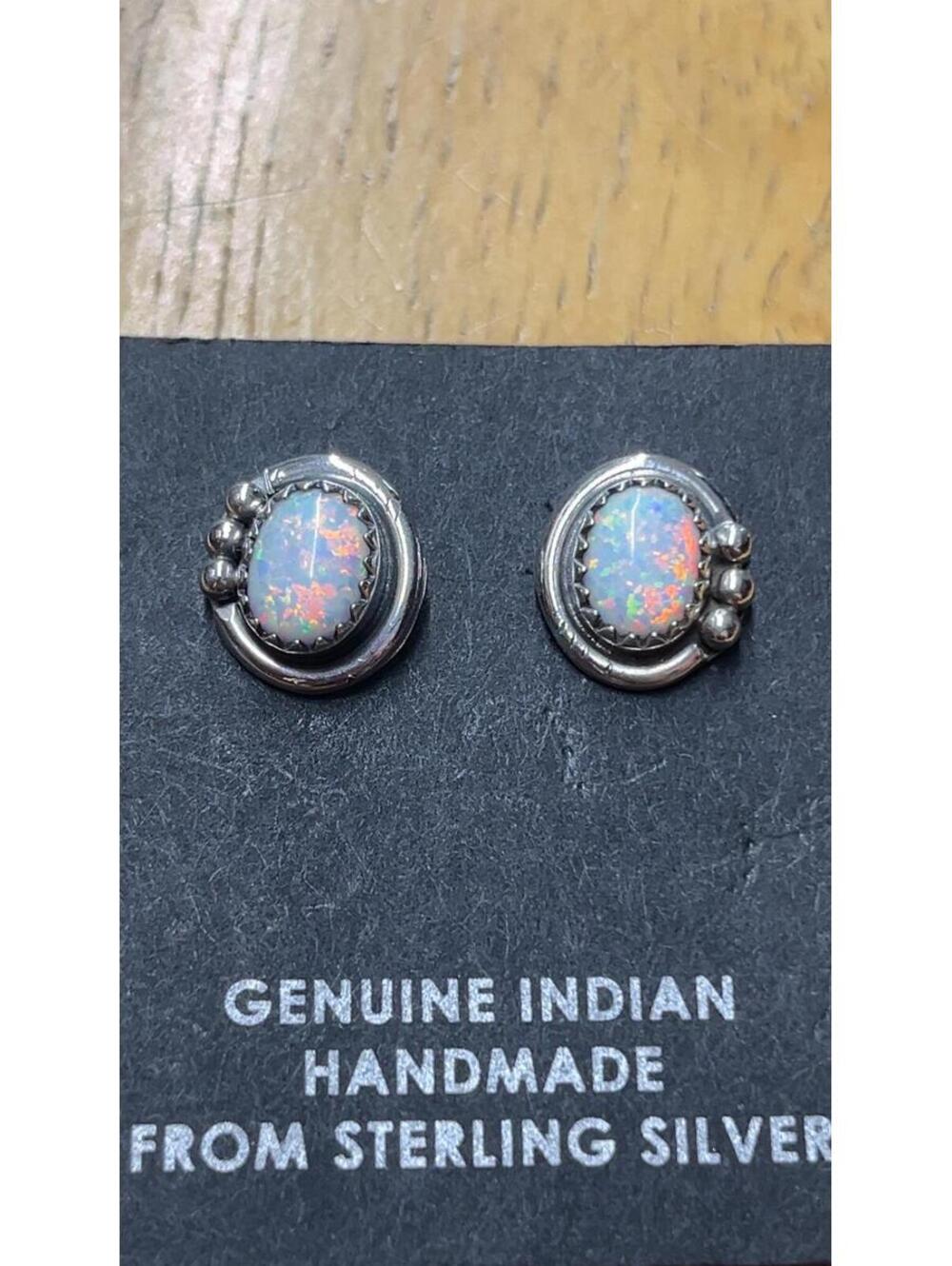 Native American Navajo jewelry handmade sterling silver oval opal earrings